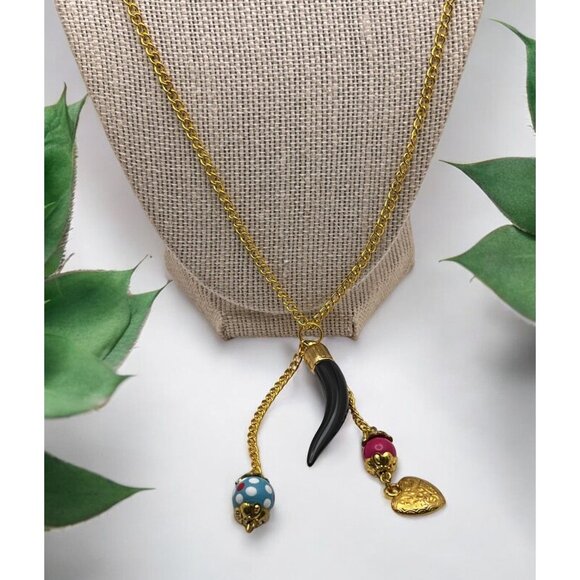 Gold Tone Chain Necklace with Pendant Charms Heart Beads Tassel - Picture 1 of 6